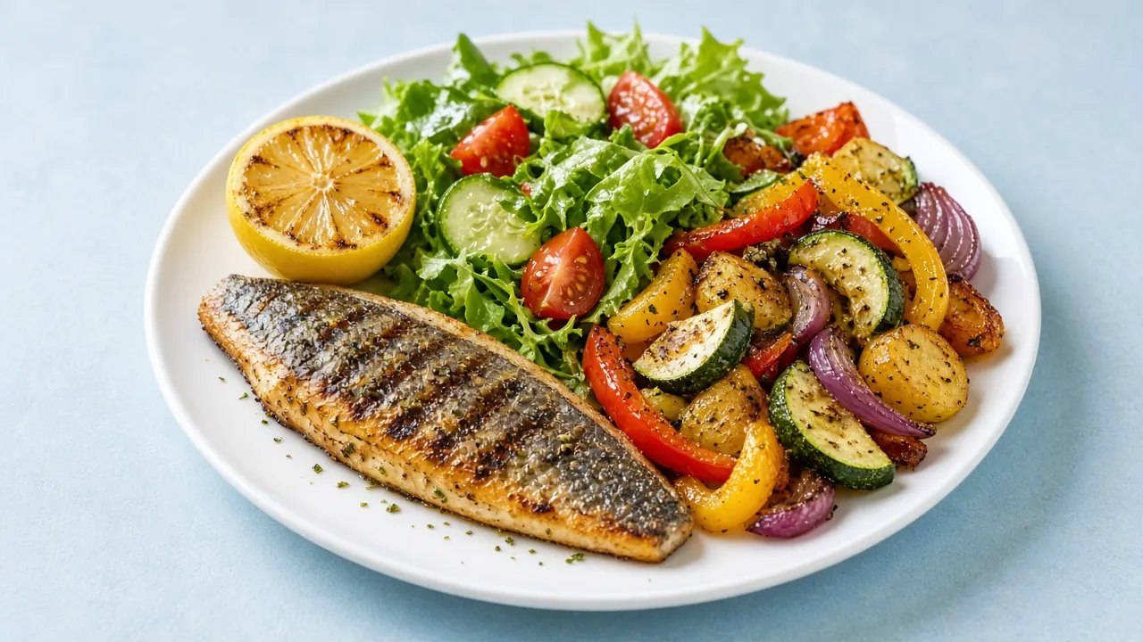 Mittagsmenü mit Lachs, Gemüse und Zitrone