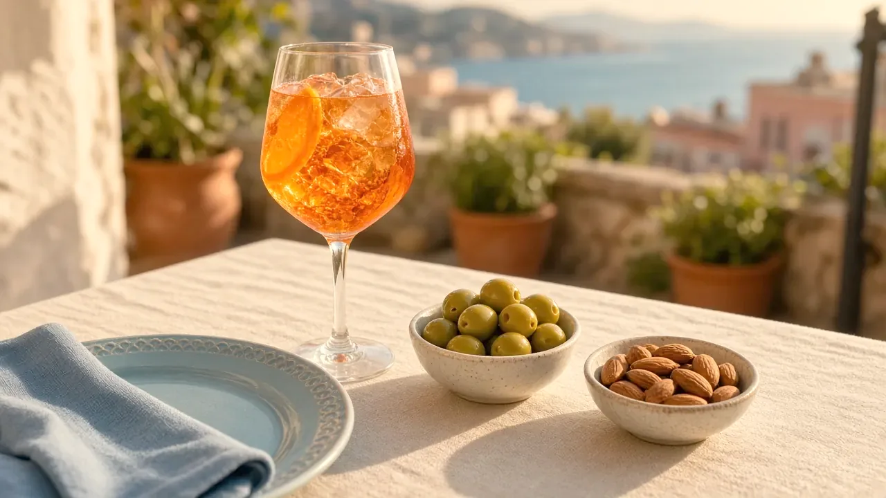 Aperitivo mit Spritz, Oliven und Pinienkernen