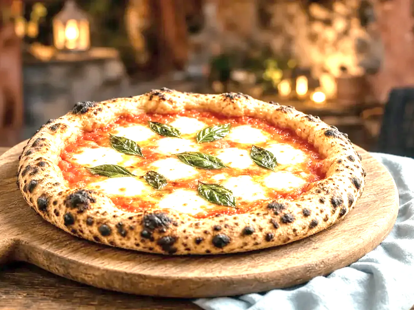 Pizza mit Tomatensauce auf einem Holztisch