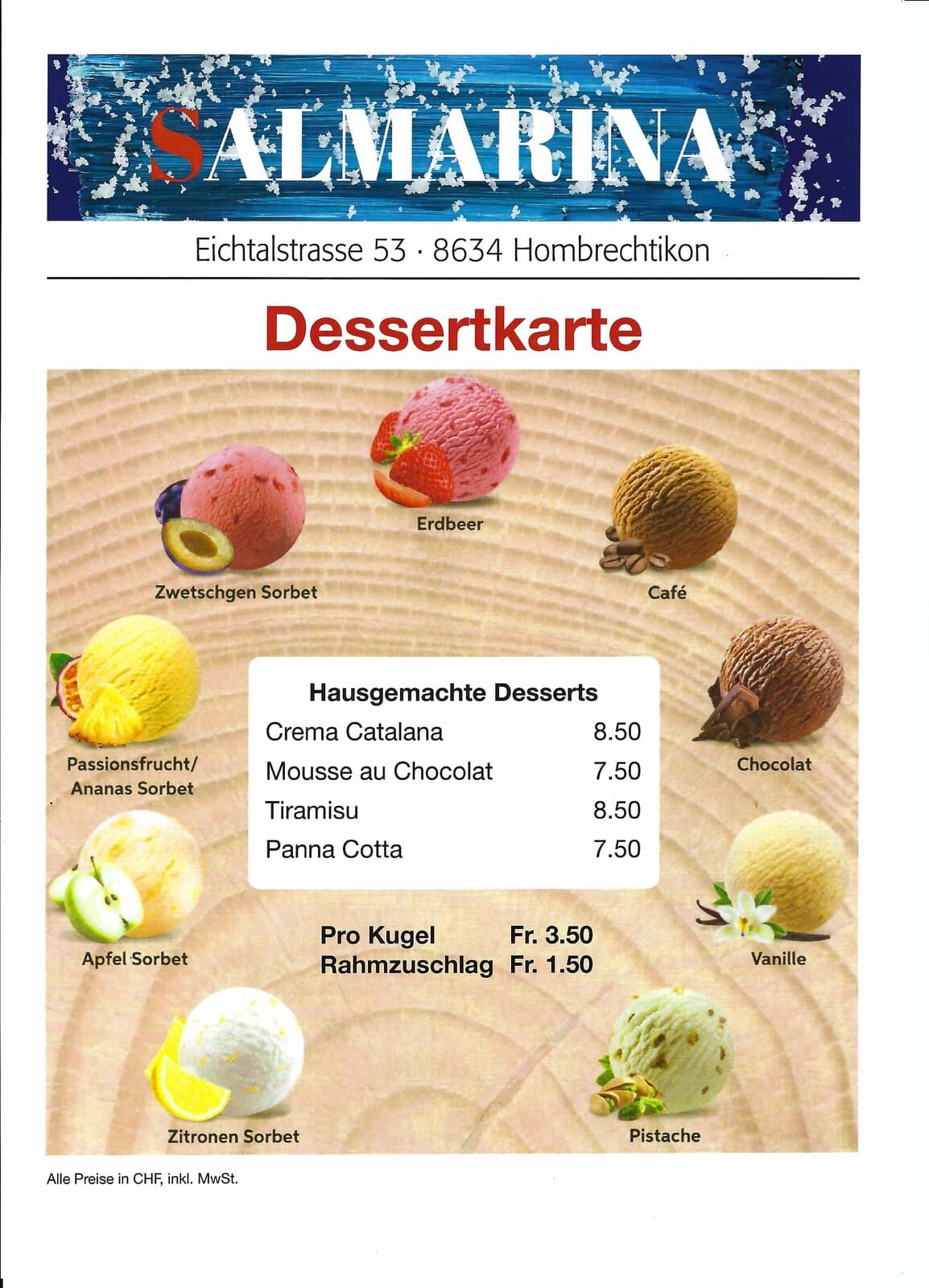 Speisekarte Dessert und Glacés 1
