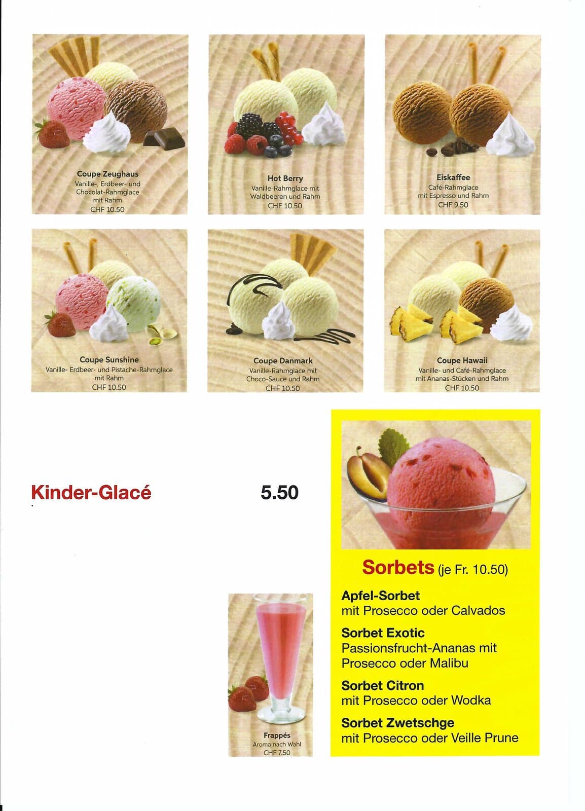 Speisekarte Dessert und Glacés 2