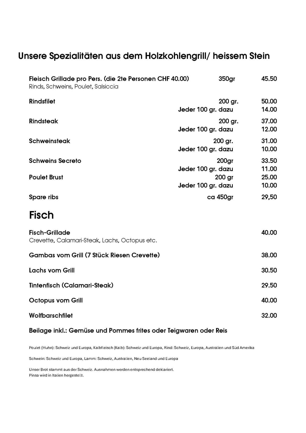 Speisekarte Fleisch und Fisch vom Grill