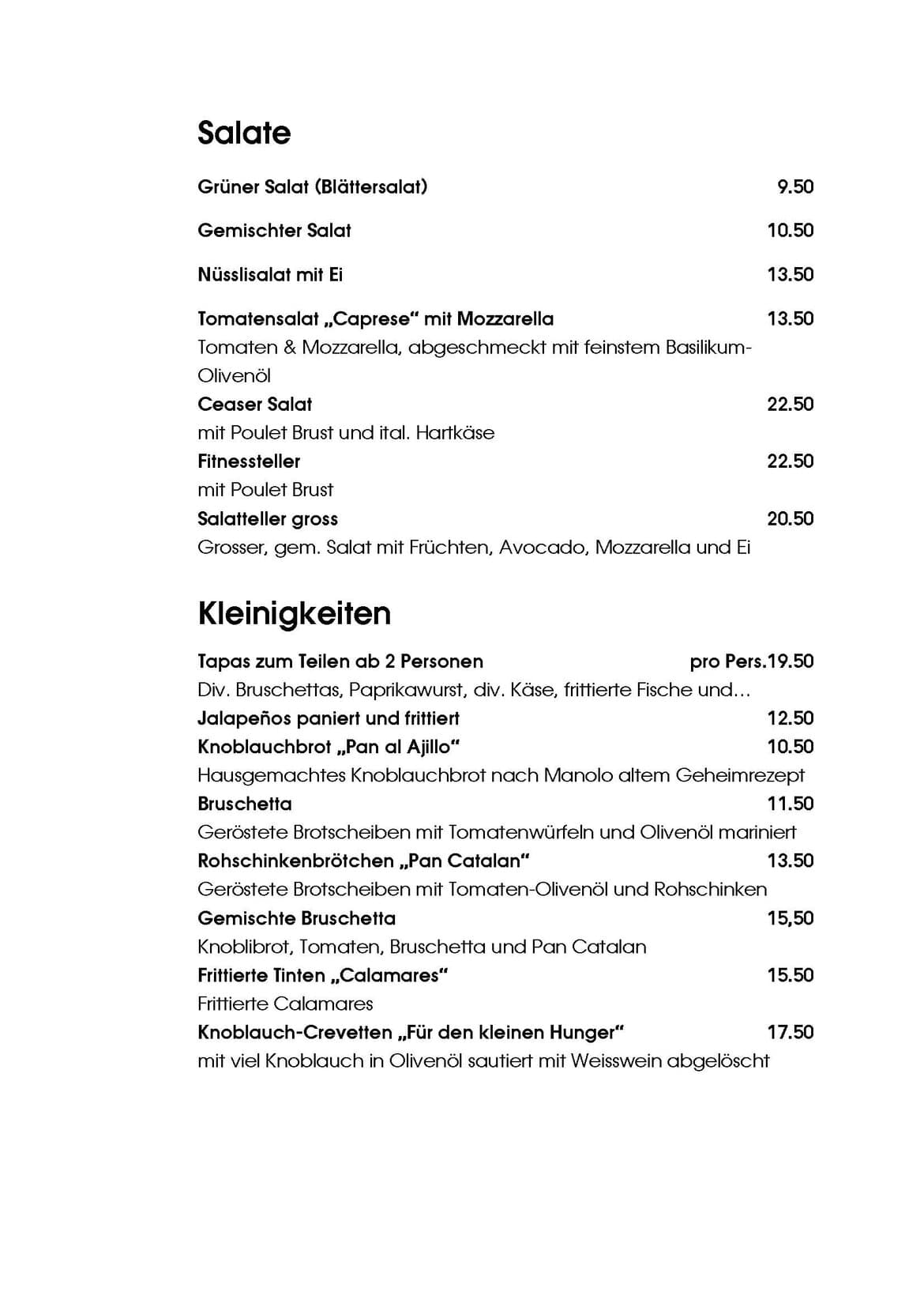 Speisekarte Salate und Kleinigkeiten