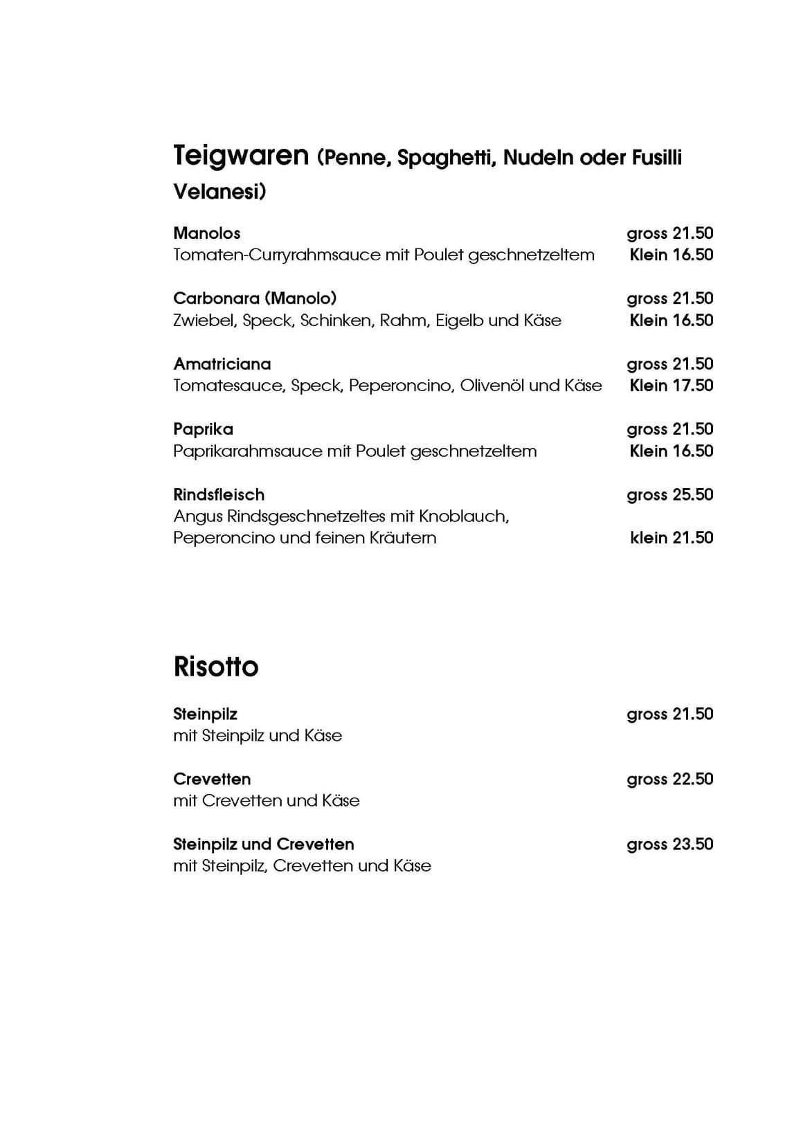 Speisekarte Teigwaren und Risotto