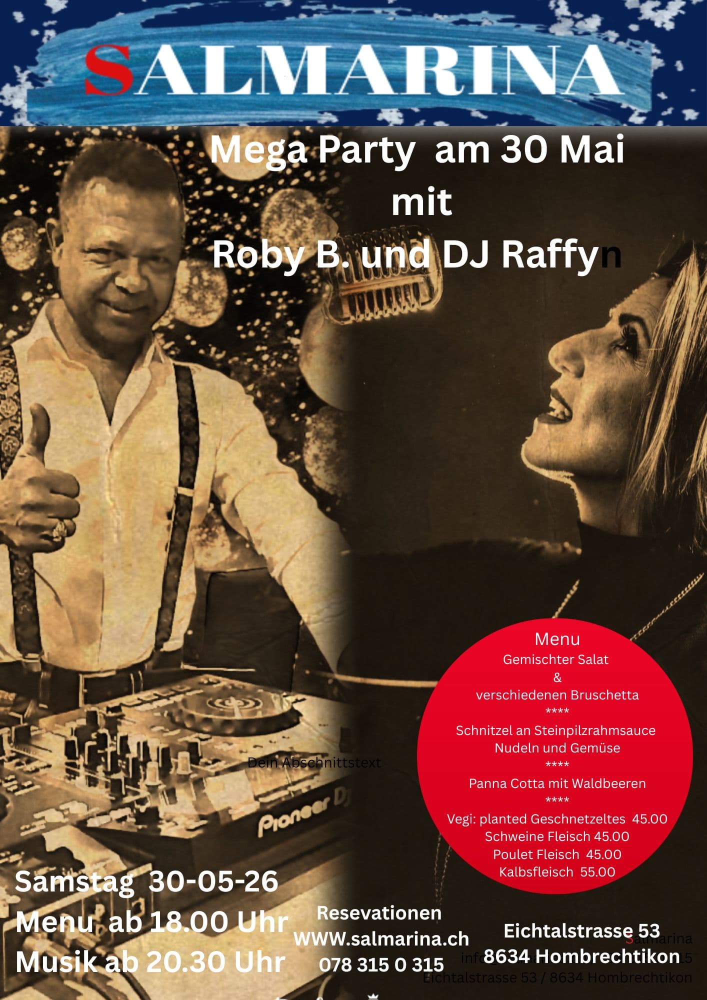 Flyer zur Mega Party am 30. Mai 2026 mit Roby B. und DJ Raffy: Menü ab 18.00 Uhr und Musik ab 20.30 Uhr im Restaurant Salmarina.