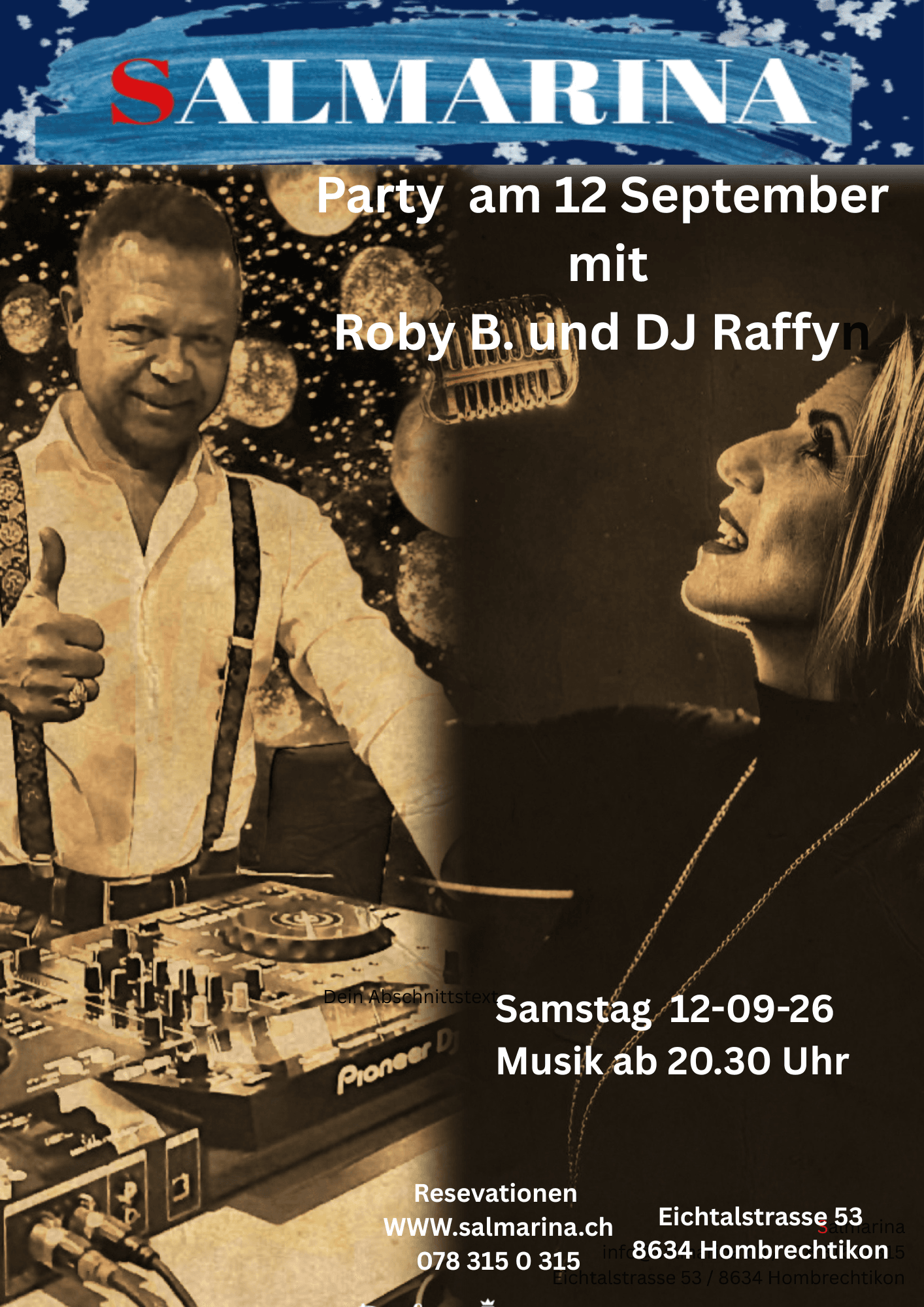 Flyer zur Party am 12. September 2026 mit Roby B. und DJ Raffy, Musik ab 20.30 Uhr im Restaurant Salmarina in Hombrechtikon.